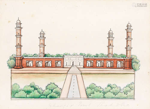 Three views of monuments from a dispersed album: the Golden Temple at Amritsar, Ranjit Singh's tomb at Lahore, and Jahangir's tomb at Shahdara Bagh, Lahore North India, Punjab, mid-19th Century (3)