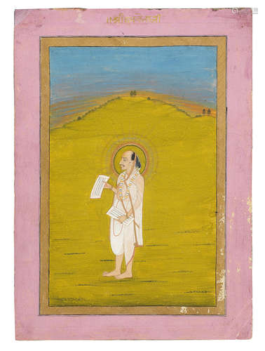 Goswami Shri Dwarkesji, a Vaishnavite priest, standing in a landscape Kishangarh, circa 1820-1830