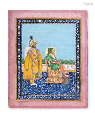 Maharajah Ranjit Singh enthroned on a terrace with Maharajah Gulab Singh Lahore, attributed to Hasan al-Din, circa 1840