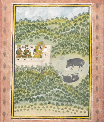 Maharana Jawan Singh (reg. 1828-38), hunting boar from a pavilion Udaipur, circa 1830-35