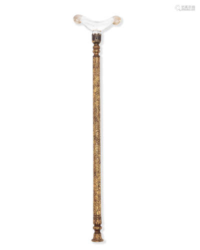 A rock crystal mounted gold-damascened steel dervish crutch North India, 18th/ 19th Century