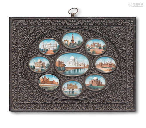 Nine paintings depicting monuments in a carved ebony frame Delhi or Agra, circa 1860-70