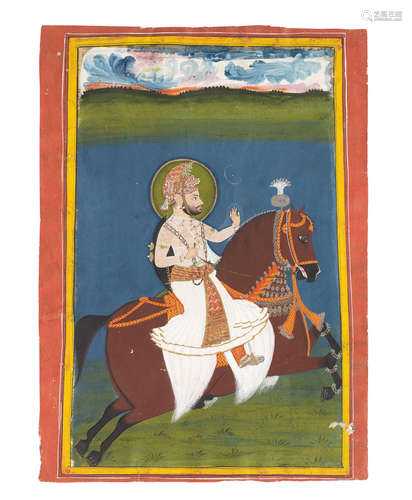 Maharana Sarup Singh (reg. 1842-61) on horseback in a landscape Udaipur, circa 1850