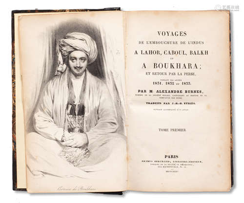 A highly unusual copy of the first French edition of Sir Alexander Burnes' account of his journey through Sikh territories and to Bokhara, Voyages de l'embouchure de l'Indus a Lahor, Caboul, Balkh et a Boukhara et retour par la Perse, both volumes bound by his brother in leather from the boots worn by Burnes in making his journey Paris, Arthus Bertrand, 1835 (2)