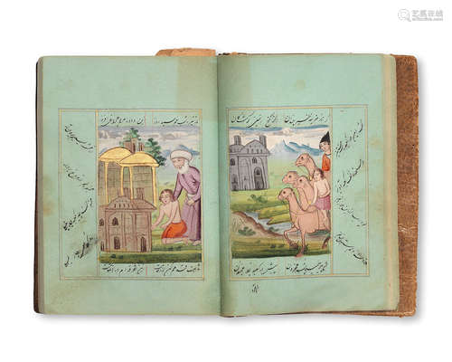 An attractive small manuscript copy of Maktabi Shirazi's Layla va Majnun, with twelve illustrations Qajar Persia, late 19th Century, ownership inscriptions dated Ramadan 1299/July-August 1882