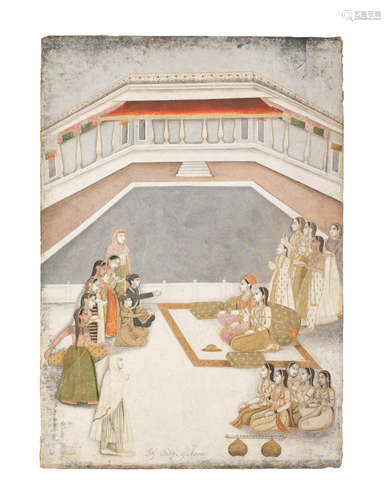 A lady, described as Taj Bibi of Agra, seated with a consort on a palace terrace, two courtiers kneeling before them, surrounded by female musicians and attendants Provincial Mughal, Oudh, mid-18th Century