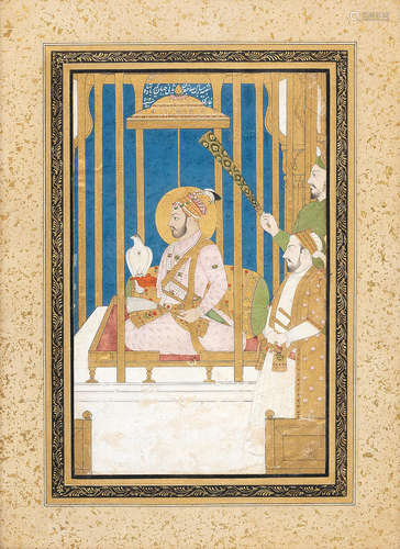 The Emperor Farrukhsiyar (reg. 1713-19) holding a falcon, seated on a terrace with a courtier and an attendant holding a flywhisk Mughal, 18th Century