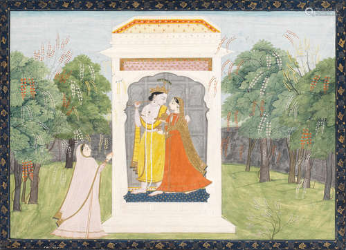 Radha and Krishna in a forest pavilion, a female devotee attending them Kangra, circa 1830