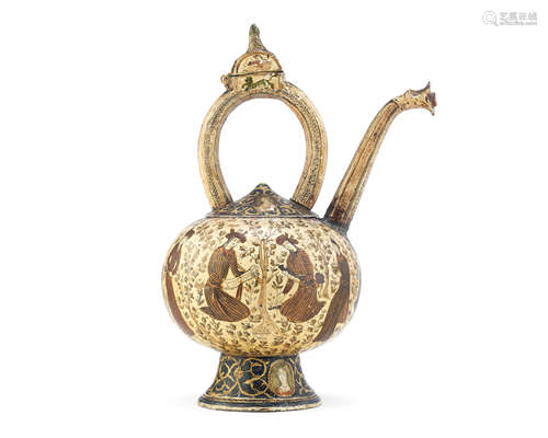 A Mughal copper and brass ewer with Qajar painted decoration North India and Persia, 16th century, the painting 19th Century