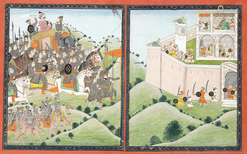 Two scenes from a Hamir Hath series, depicting mounted troops advancing towards a fortress, the opposing troops sallying out to meet them Pahari, second half of the 19th Century