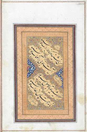 A calligraphic composition written in nasta'liq script, comprising two couplets from a ghazal of Amir Khusraw Dehlavi, signed by 'Imad al-Hasani Persia, late 16th Century