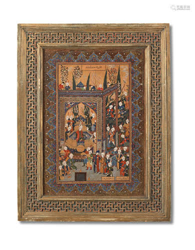 Khusraw Parviz with an assembly of courtiers and servants, by a follower of Haj Mirza Aqa Imami (1880-1955) Iran, 20th Century