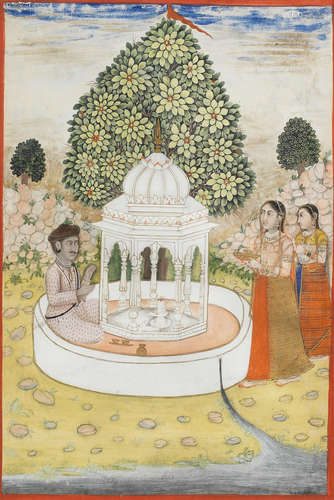 A nobleman and maidens making offerings at a lingam shrine Provincial Mughal, Deccan, late 18th Century