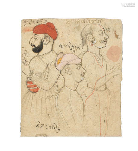 Three studies of male figures, probably courtiers Kotah, circa 1830-40