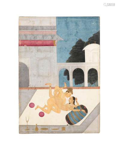 A prince and his mistress in an erotic embrace on a palace terrace Bikaner, circle of Ruknuddin, circa 1690-1700