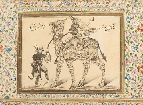 Two demon musicians on a composite camel, led by a third demon Qajar Persia, signed by Sattar Tabrizi, second half of the 19th Century