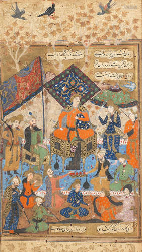 A leaf from an illustrated manuscript, depicting an enthroned ruler with courtiers Persia, 16th Century