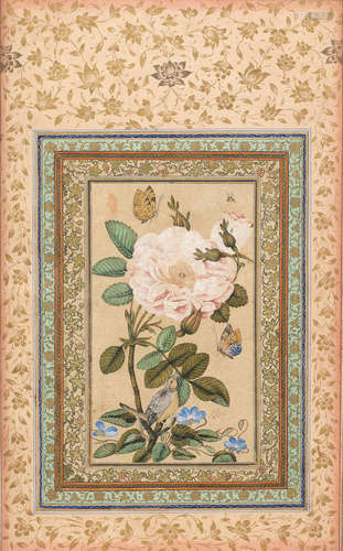 A bird perched in a rose bush, with butterflies round about (Gul-o Bulbul), signed by Muhammad 'Ali Qajar Persia, dated [1]273/AD 1856-57