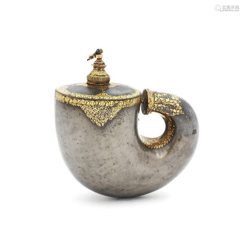 A rare gold koftgari steel powder flask Punjab, 18th Century