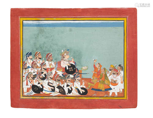 Maharajah Balwant Singh of Ratlam (reg. 1825-57) watching two nautch girls performing in the company of his nobles Attributed to Kusal, Ratlam, circa 1830