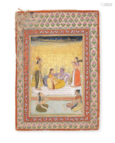 Bhairava Raga: a prince seated on a terrace with a maiden, who anoints him with oil, with three female attendants and a musician Bikaner, early 18th Century