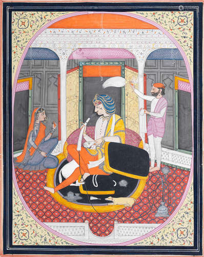 Raja Hira Singh seated in a pavilion with his mistress and a hunting dog Lahore, school of Purkhu, circa 1835