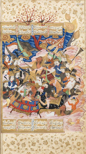 An illustrated leaf from a manuscript of the Sharaf-nameh, the fifth book of Nizami's Khamsa, depicting Dara in battle with Iskandar's army Persia, 16th Century