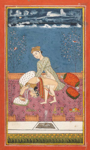 A couple in an erotic embrace on a palace terrace Bundi, 18th Century