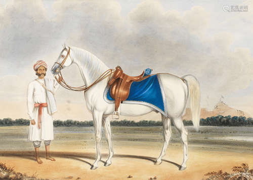 A grey horse of the Madras Light Cavalry standing in a landscape with its groom, with the fort of Trichinopoly, Madras in the distance Calcutta, studio of Shaykh Muhammad Amir of Karraya, circa 1837-40