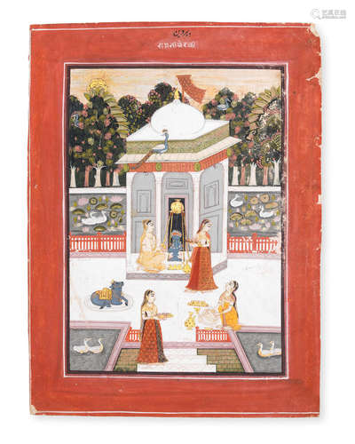 Bhairava Raga: four maidens making offerings at a shrine to Siva Bundi or perhaps Datia, late 18th Century