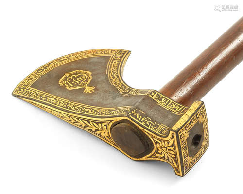 An Ottoman gold-damascened steel axe-head signed by Feyzi Turkey, early 19th Century, possibly dated AH 1234/ AD 1818-19