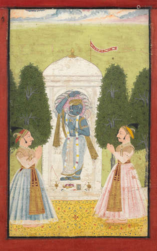 Two Mewar princes showing reverence to Krishna, who stands in a temple alcove Udaipur, mid-18th Century