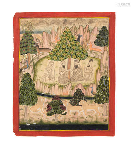 Holy men visiting Guru Nanak in a mountainous forest Mewar, early 18th Century