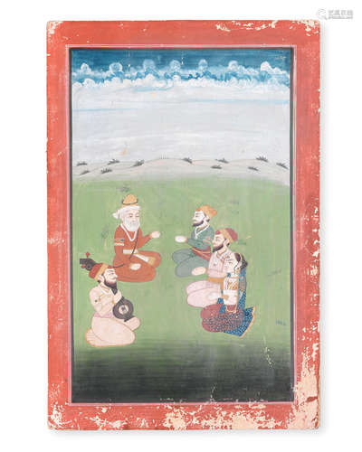 Guru Nanak seated in a landscape with Mardana and three devotees, perhaps an illustration from a Janamsakhi manuscript North India, late 19th Century