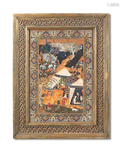 Majnun brought to Layla's camp in chains by a beggar woman, after an illustration in Shah Tahmasp's manuscript of Nizami's Khamsa, by a follower of Haj Mirza Aqa Imami (1880-1955), Iran, 20th Century