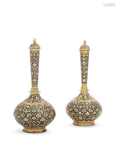 Two Sialkhot gold koftgari steel bottles (surahi) North India, 19th Century (2)