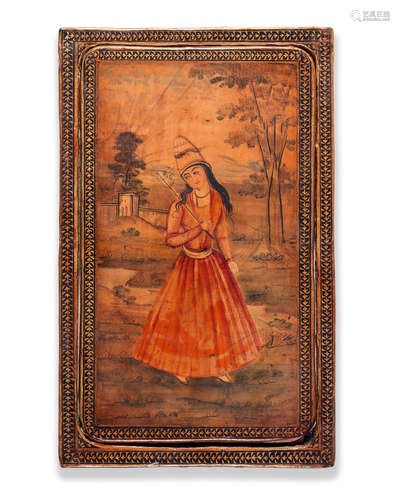 A Qajar lacquer mirror case depicting the dervish Nur 'Ali Persia, 19th Century