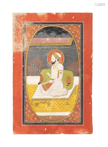 Guru Arjan seated on a terrace beneath a canopy Pahari, early 19th Century