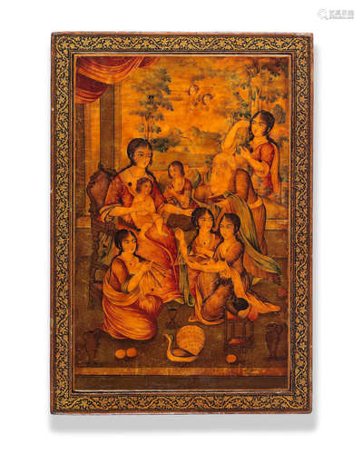 A Zand or Qajar lacquer mirror case depicting the Holy Family possibly by Muhammad Sadiq Persia, 18th/ 19th Century