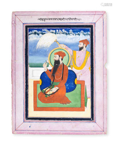 Guru Arjan seated on a terrace holding a flower, with an attendant holding a flywhisk Punjab, attributed to Lal Singh Musavvir, late 19th Century