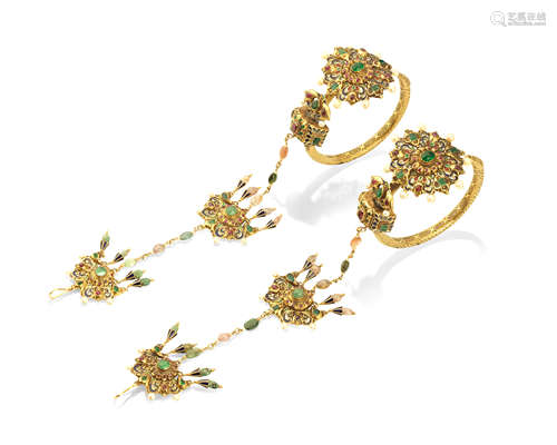 A pair of gem-set enamelled gold ceremonial earrings (khros) Morocco, 19th/ 20th Century (2)