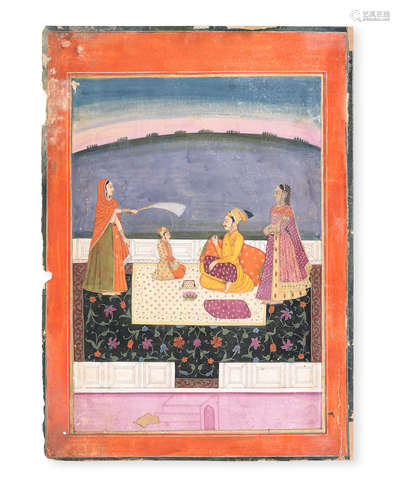 A rare painting depicting the child Guru Har Krishan conversing with a hill rajah, with attendants standing by North India or Punjab, early 19th Century