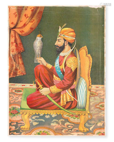 Guru Gobind Singh seated with a falcon Chitra Shala Steam Press, Poona, circa 1900