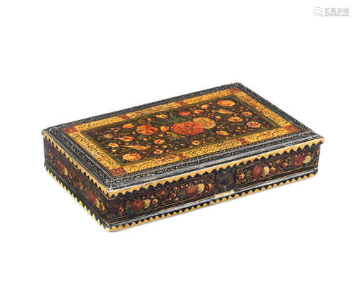 A Qajar lacquer box containing a set of portable merchant's weights and scales Persia, dated AH 1253/ AD 1837-38