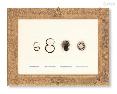 A framed collection of locks of hair believed to belong to Maharaja Duleep Singh (1834-1893), Prince Victor Duleep Singh (1866-1918), Prince Frederick Duleep Singh (1868-1926) and Prince Albert Duleep Singh (1879-1893)