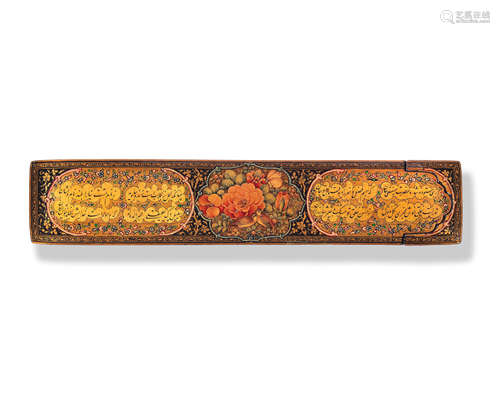 A Qajar lacquer calligraphic penbox (qalamdan), presented to Husayn Quli Khan Persia, late 19th Century