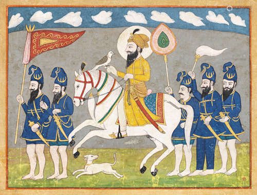 Guru Gobind Singh on horseback accompanied by five akalis on foot Punjab, 19th Century