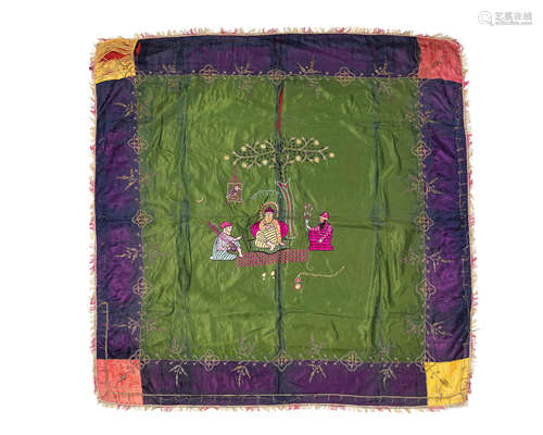 An embroidered silk panel depicting Guru Nanak North India, 19th Century