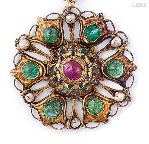 A gem-set enamelled gold circular pendant (tazra) Morocco, 19th Century