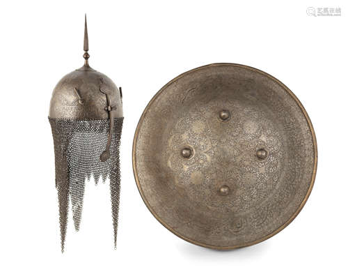 A Qajar gold damascened steel Helmet and Shield Persia, 19th Century (2)